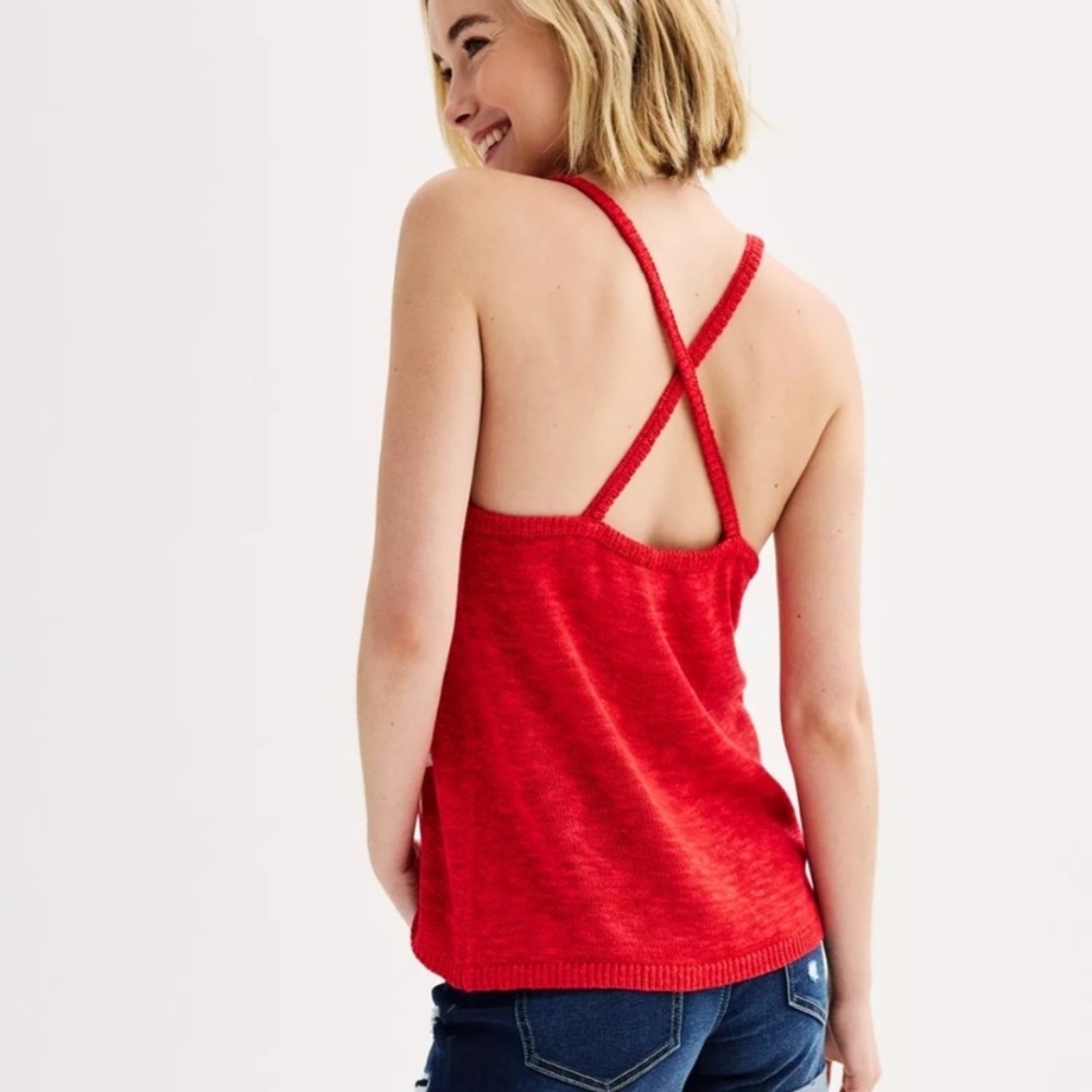 #83 Freshman 1996 Starry Americana Red Knit Crossback Sweater Juniors Tank Top - Picture 5 of 13